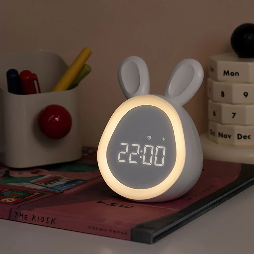 Rabbit-Shaped Kids Alarm Clock with LED Night Light – Cute Bedside Clock for Children’s Bedrooms and Sleep Routine