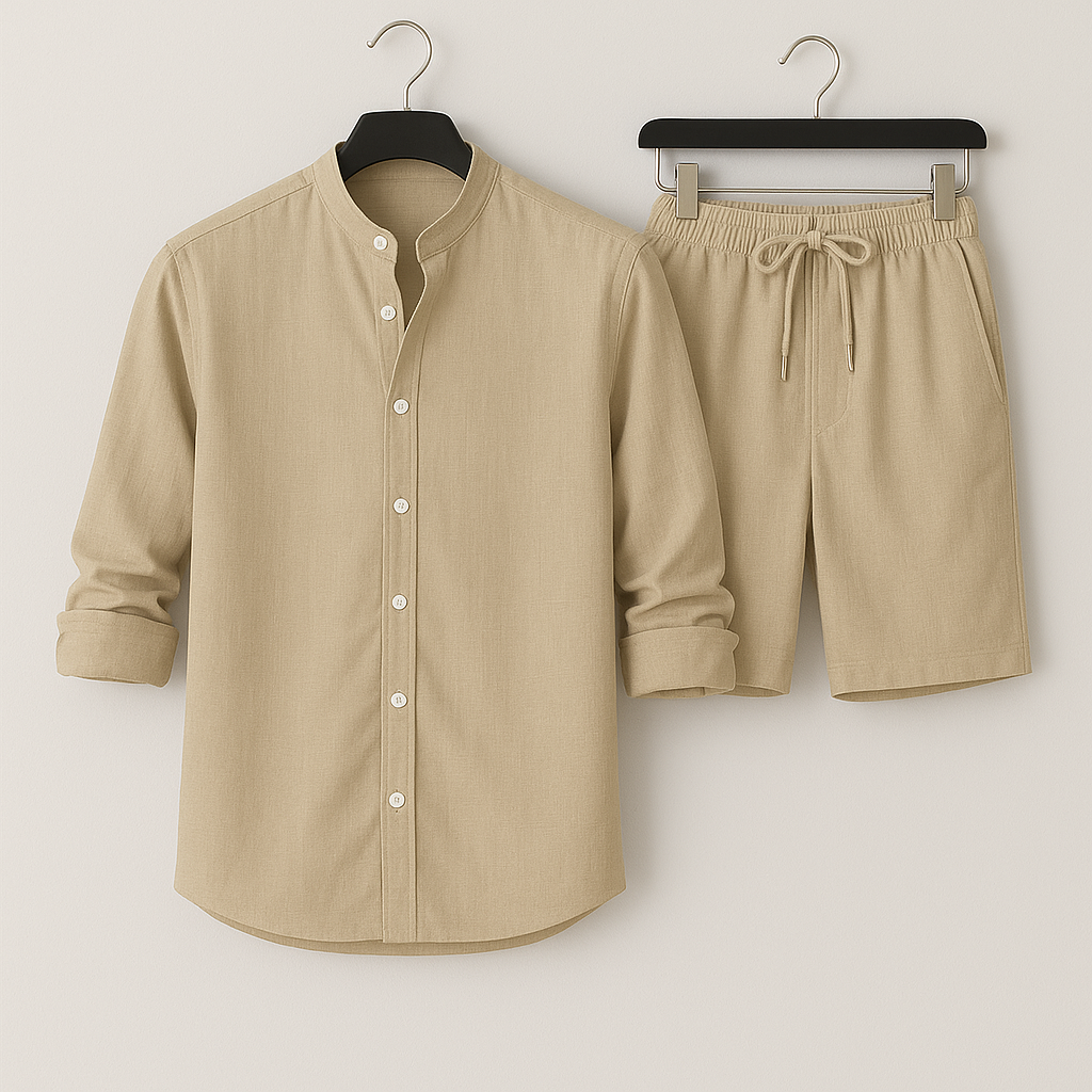 Men’s Linen-Style Matching Set for Summer – Casual Shirt and Shorts Outfit for Holidays and Everyday Wear