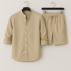 Men’s Linen-Style Matching Set for Summer – Casual Shirt and Shorts Outfit for Holidays and Everyday Wear