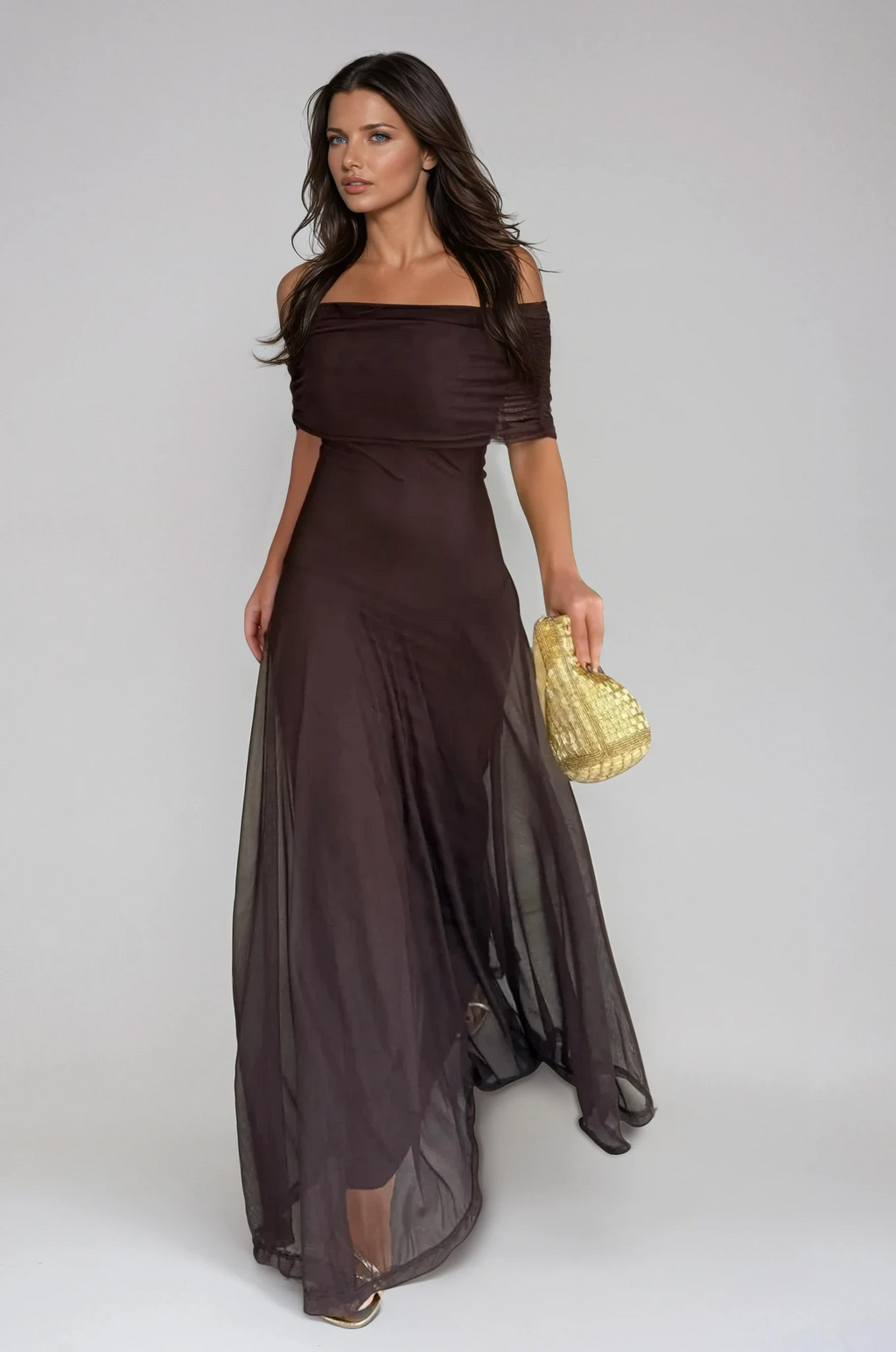 Off-Shoulder Maxi Dress – Flowing Silhouette with Elegant Draped Overlay