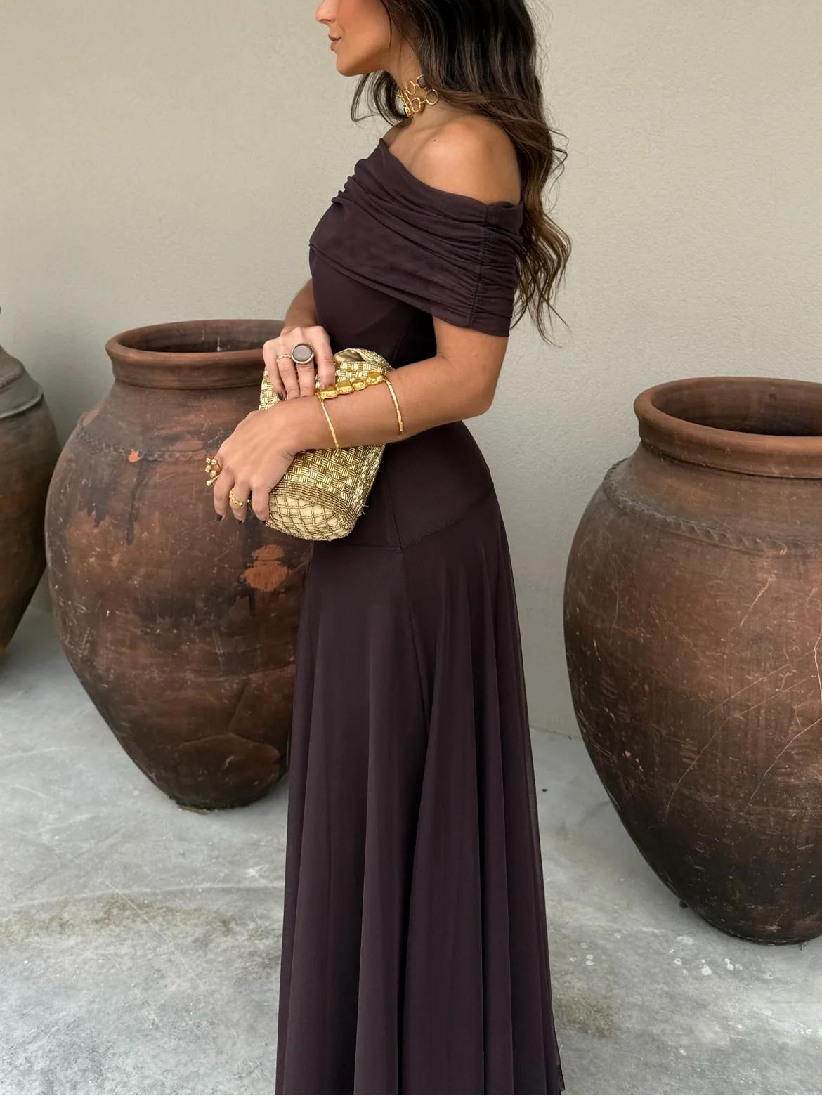 Off-Shoulder Maxi Dress – Flowing Silhouette with Elegant Draped Overlay