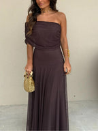 Off-Shoulder Maxi Dress – Flowing Silhouette with Elegant Draped Overlay