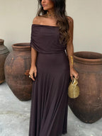 Off-Shoulder Maxi Dress – Flowing Silhouette with Elegant Draped Overlay