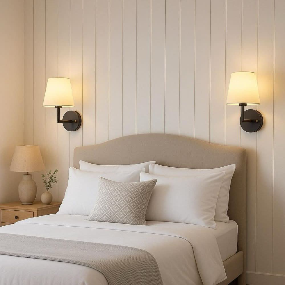 2-Pack Wireless Wall Sconce Lights with Remote Control - Dimmable Fabric Shade Lamps for Bedrooms and Hallways