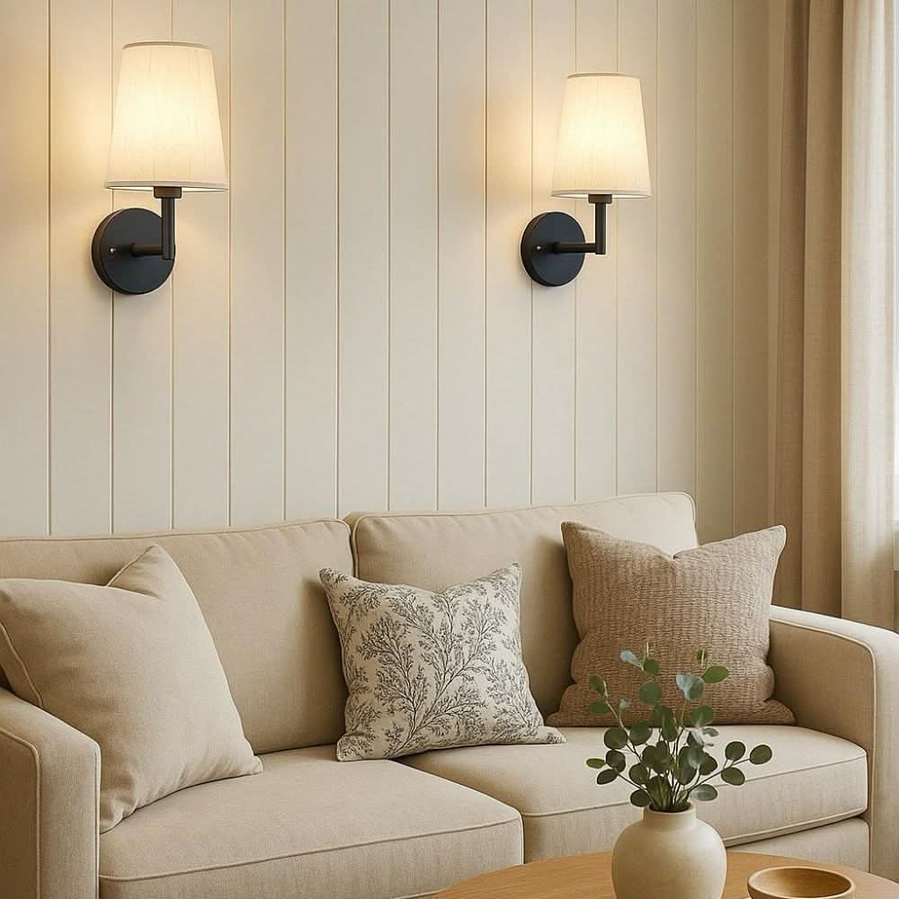 2-Pack Wireless Wall Sconce Lights with Remote Control - Dimmable Fabric Shade Lamps for Bedrooms and Hallways