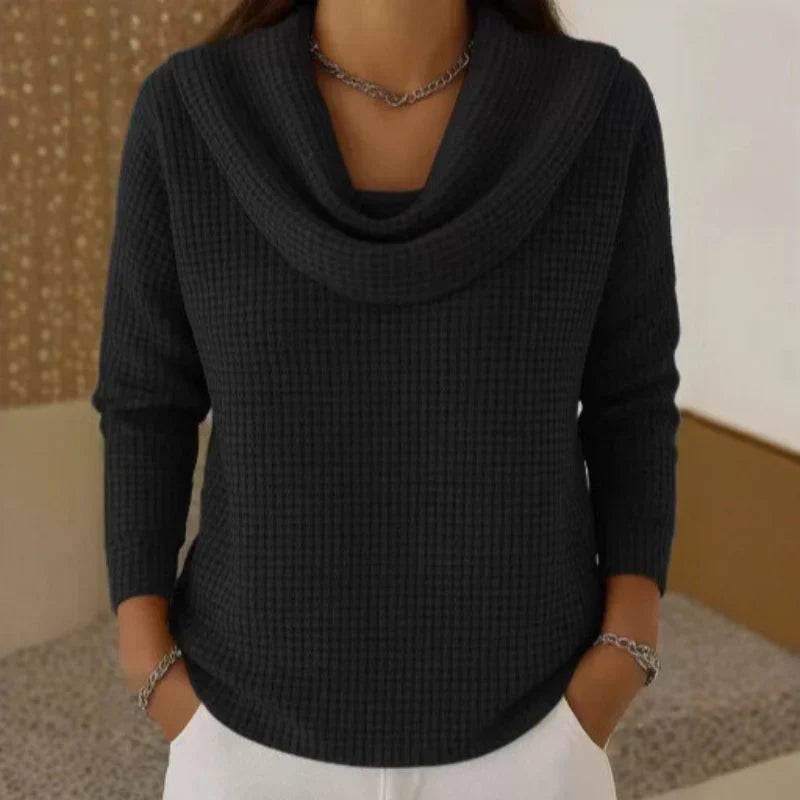 Karen – Cozy Waffle Knit Sweater Featuring a Stylish Cowl Neck