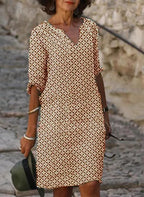 Women’s Vintage-Inspired Mini Summer Dress – Split Neck Dress with 3/4 Sleeves for Casual Wear and Holidays