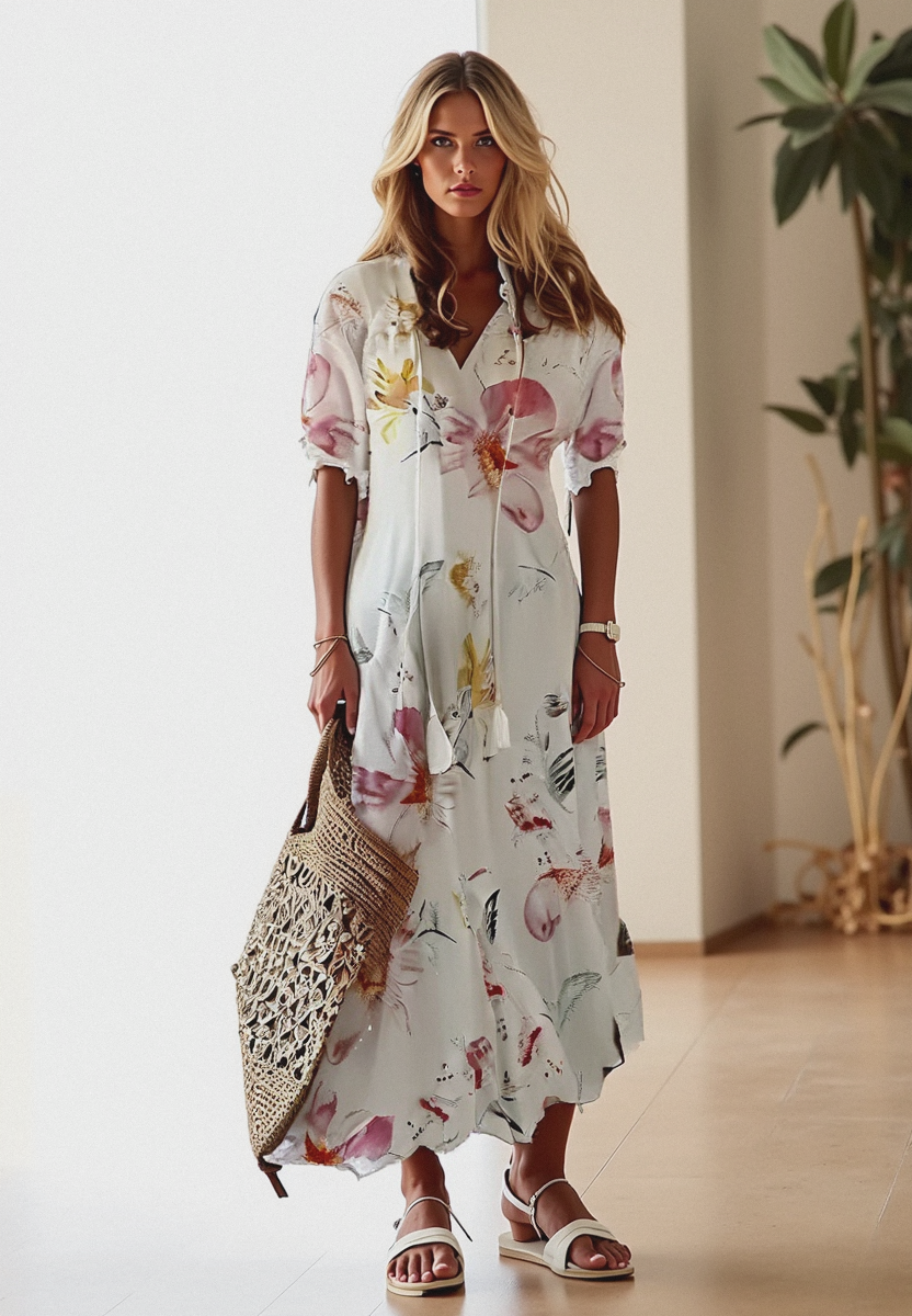 Women’s Bohemian Maxi Dress with V-Neck and Short Sleeves – Lightweight Summer Dress for Holidays, Casual Wear and Everyday Style