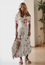 Women’s Bohemian Maxi Dress with V-Neck and Short Sleeves – Lightweight Summer Dress for Holidays, Casual Wear and Everyday Style
