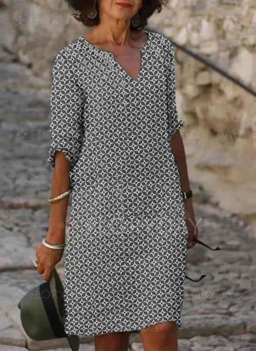Women’s Vintage-Inspired Mini Summer Dress – Split Neck Dress with 3/4 Sleeves for Casual Wear and Holidays