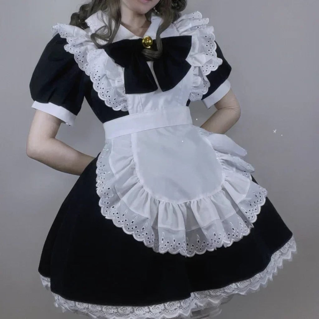 Adult Gothic Maid Cosplay Costume with Ruffled Apron and Collar - Image 1