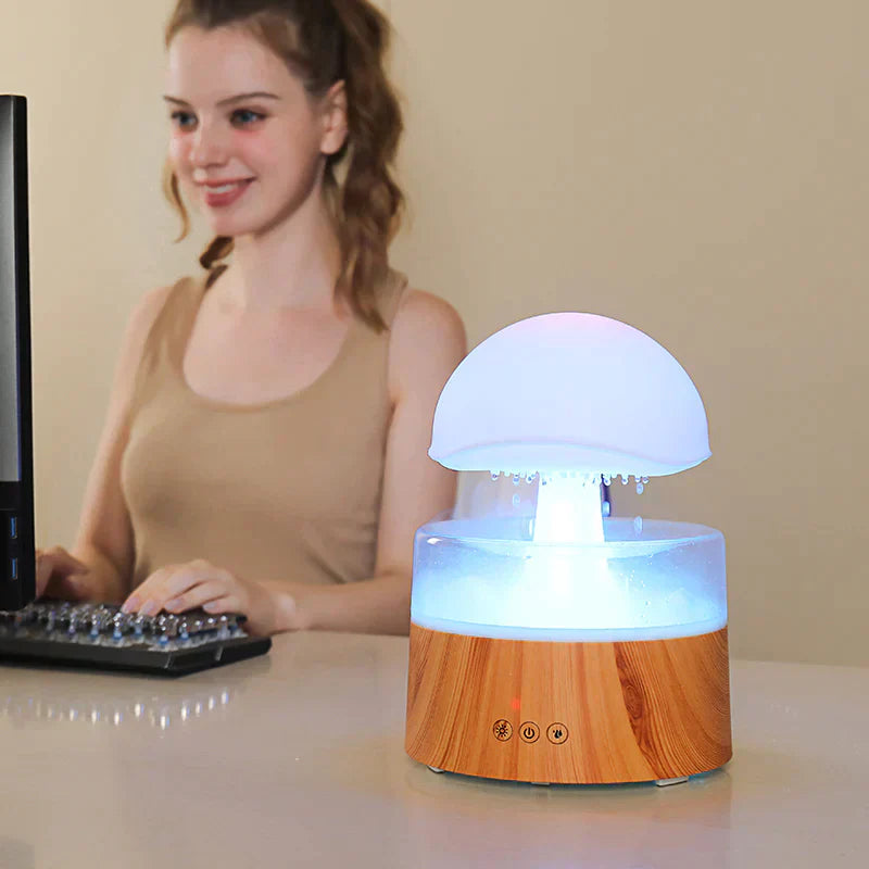 Mushroom Cloud Humidifier with Rainfall Effect – Ambient Air Moisturizer for Bedroom and Living Room