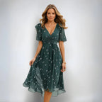 Women’s Midi Summer Dress with V-Neck – Lightweight Short Sleeve Dress for Holidays, Casual Wear and Everyday Style