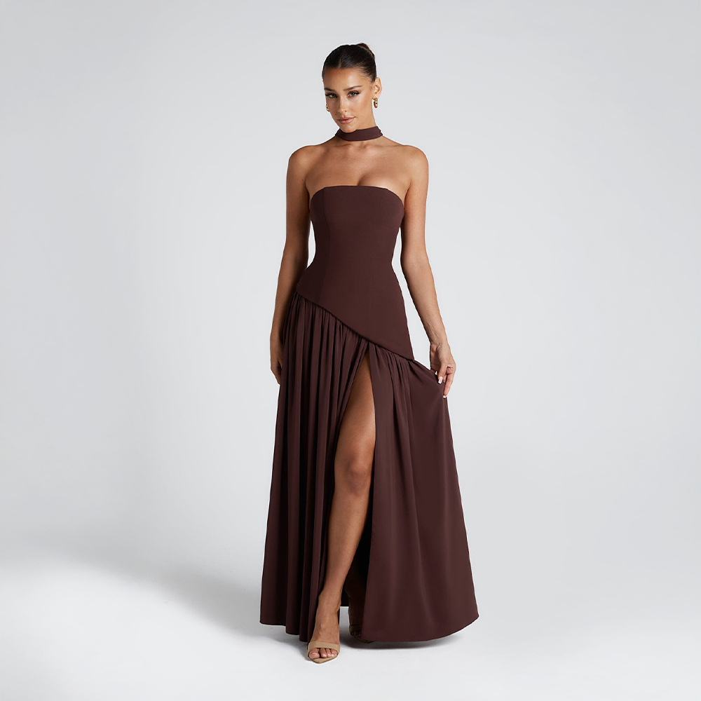 Strapless Asymmetrical Long Dress with High Slit for Women – Elegant Evening Dress for Parties, Events and Special Occasions