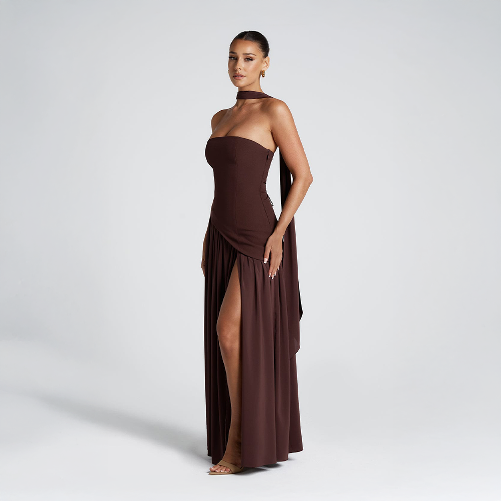Strapless Asymmetrical Long Dress with High Slit for Women – Elegant Evening Dress for Parties, Events and Special Occasions