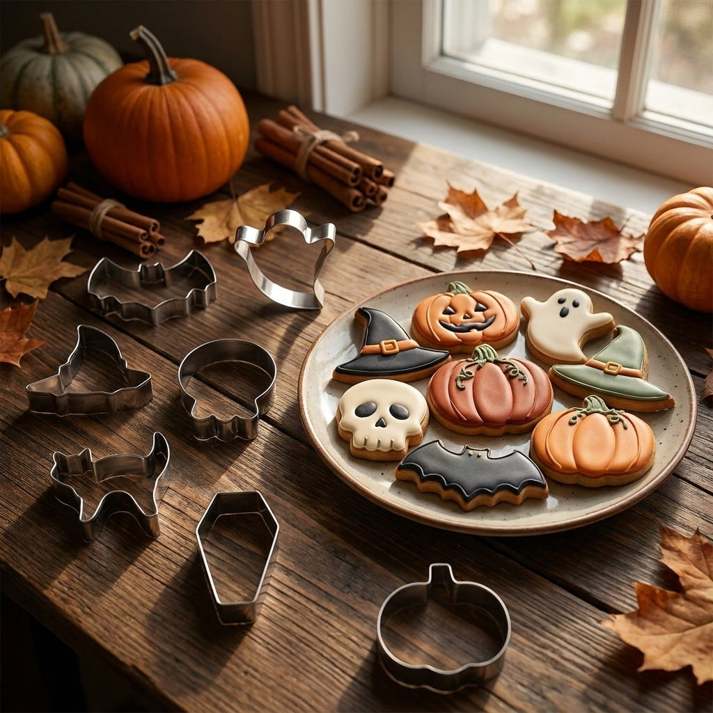 Halloween Stainless Steel Cookie Cutters Set with 7 Shapes Including Bat Ghost Pumpkin Skull
