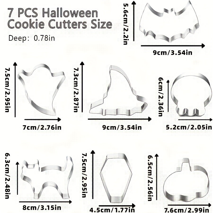 Halloween Stainless Steel Cookie Cutters Set with 7 Shapes Including Bat Ghost Pumpkin Skull