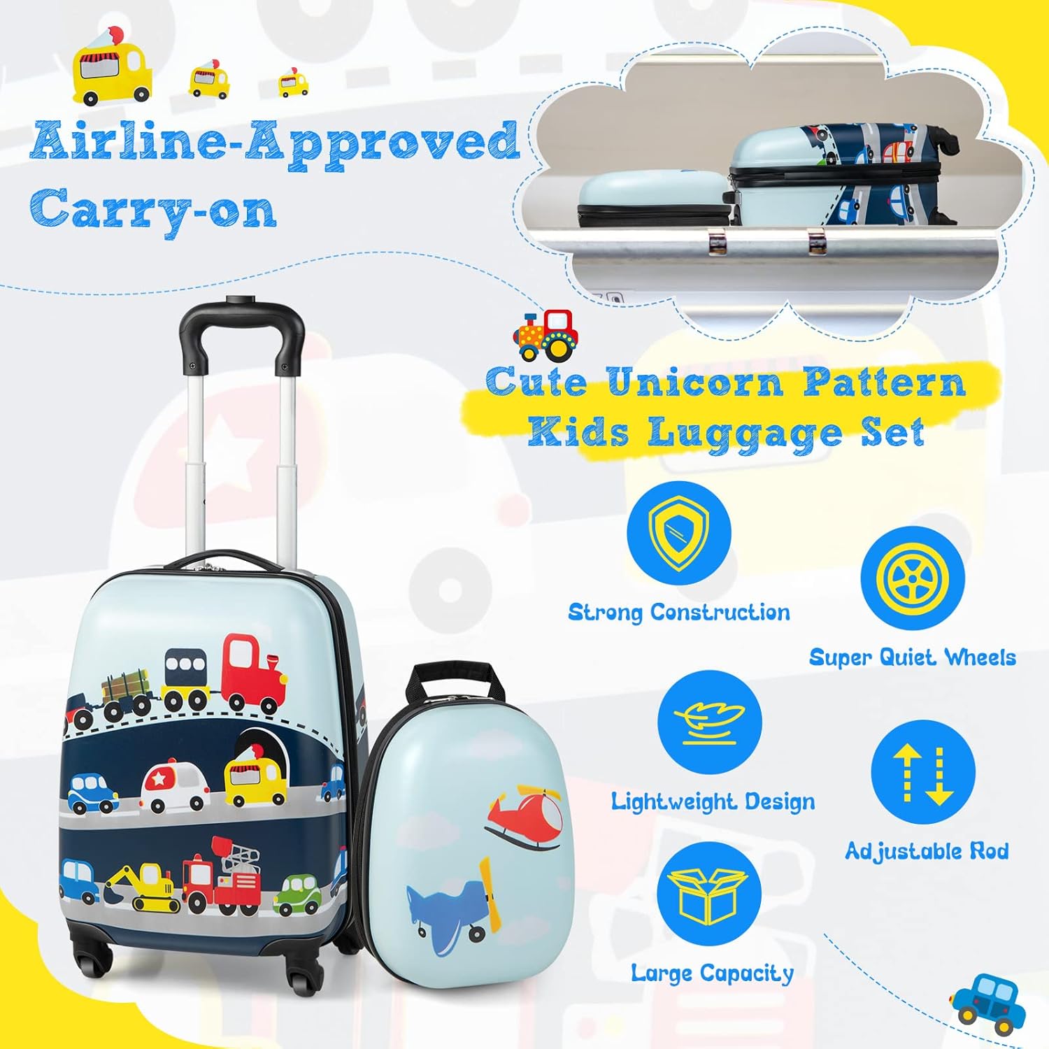 Kids' 2-Piece Helicopter Hard Shell Luggage Set with 360° Wheels – Suitcase and Backpack