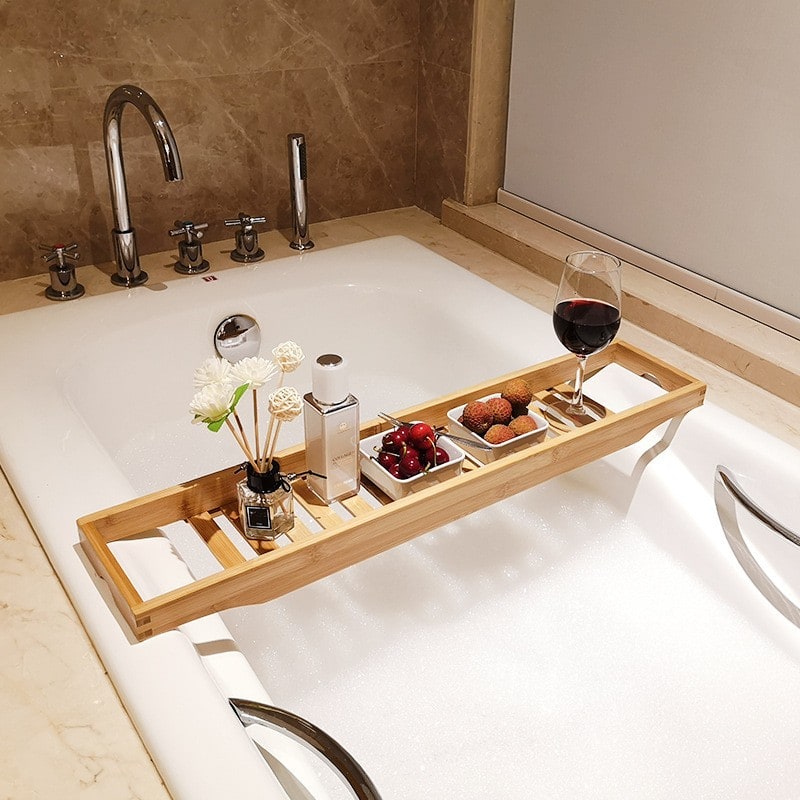 Bamboo Bathtub Tray with Bath Caddy and Slatted Water-Draining Design for Bathroom Storage - Image 1