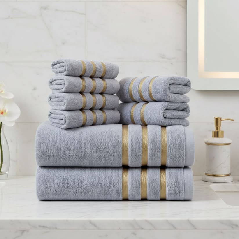 Bath Towel Set with Cotton Terry Cloth and Gold Woven Stripes 8-Piece - Image 1