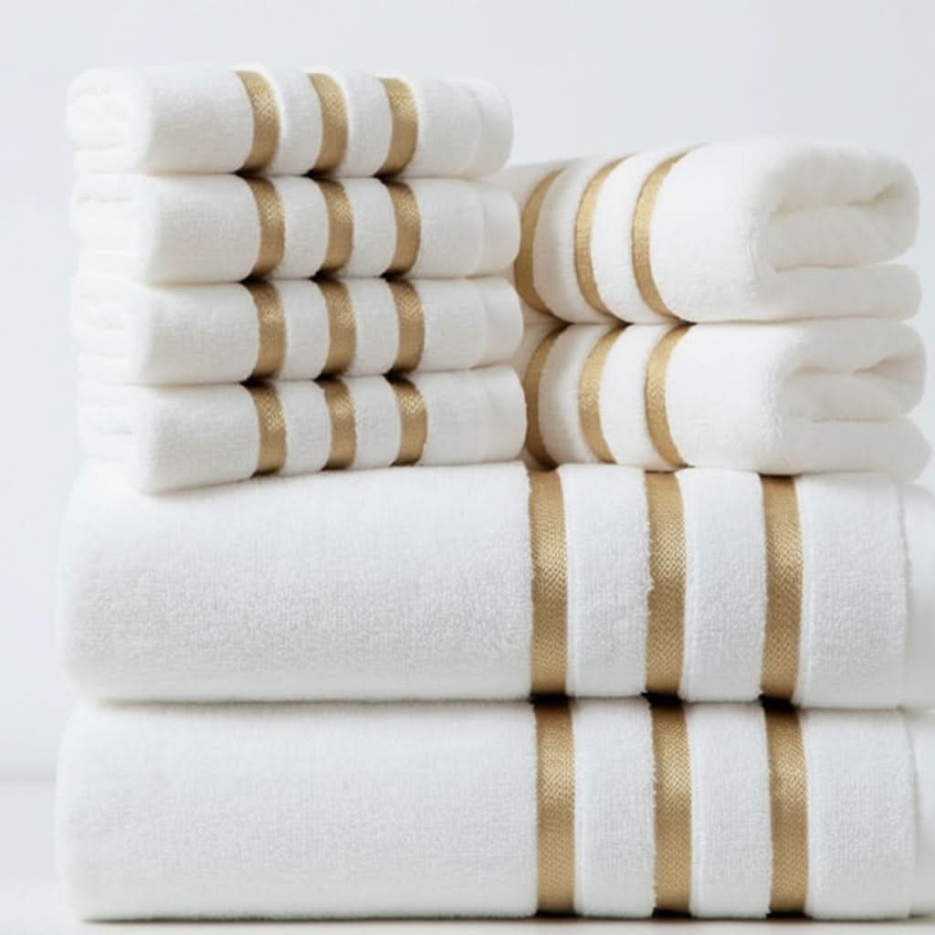 Bath Towel Set with Cotton Terry Cloth and Gold Woven Stripes 8-Piece - Image 4