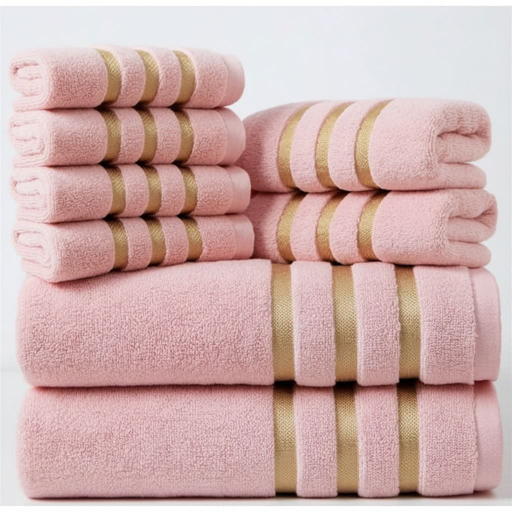 Bath Towel Set with Cotton Terry Cloth and Gold Woven Stripes 8-Piece - Image 5