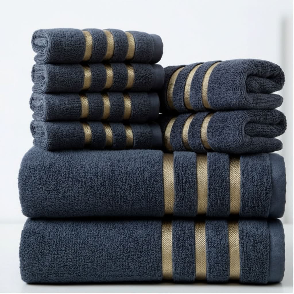 Bath Towel Set with Cotton Terry Cloth and Gold Woven Stripes 8-Piece - Image 6