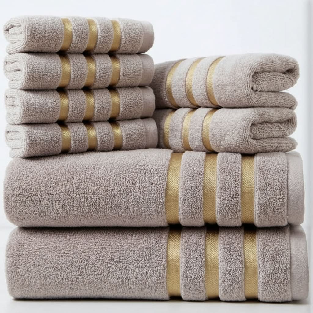 Bath Towel Set with Cotton Terry Cloth and Gold Woven Stripes 8-Piece - Image 8