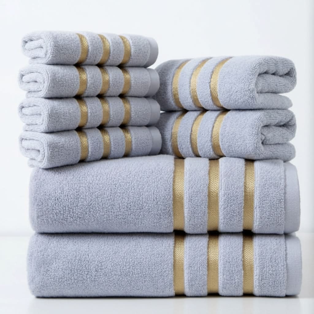 Bath Towel Set with Cotton Terry Cloth and Gold Woven Stripes 8-Piece - Image 9