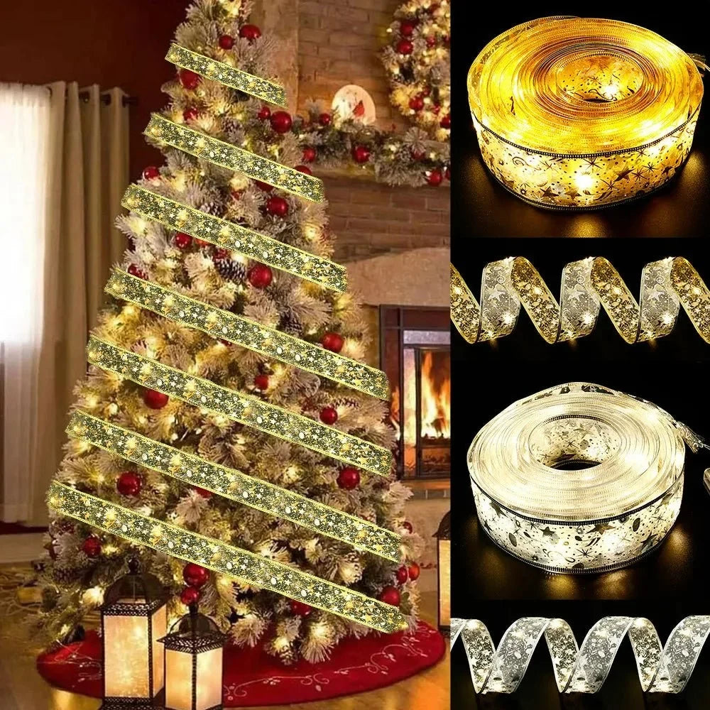 Battery-Operated Christmas Ribbon Bows with LED Fairy Lights and Wired Edges for Tree - Image 1