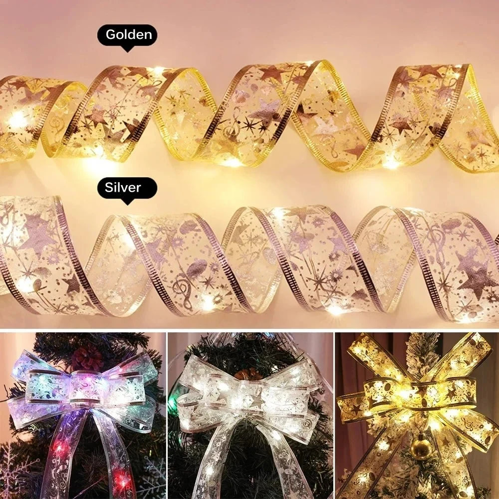 Battery-Operated Christmas Ribbon Bows with LED Fairy Lights and Wired Edges for Tree - Image 3