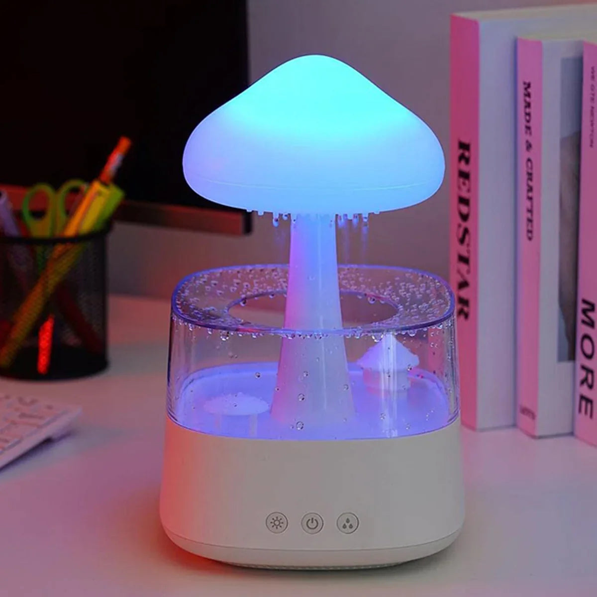 Mushroom Cloud Humidifier with Rainfall Effect – Ambient Air Moisturizer for Bedroom and Living Room