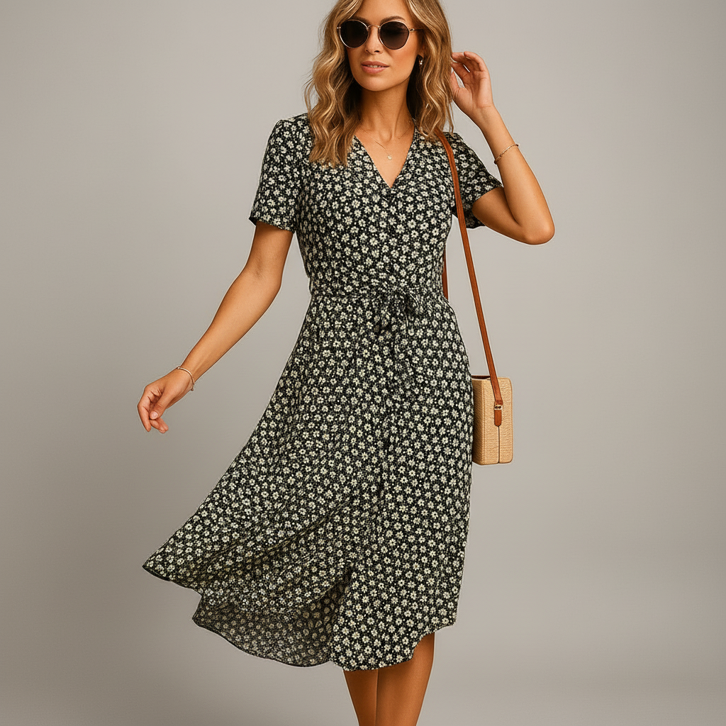 FAYE V - Women's Short Sleeve Midi Dress with Floral Print