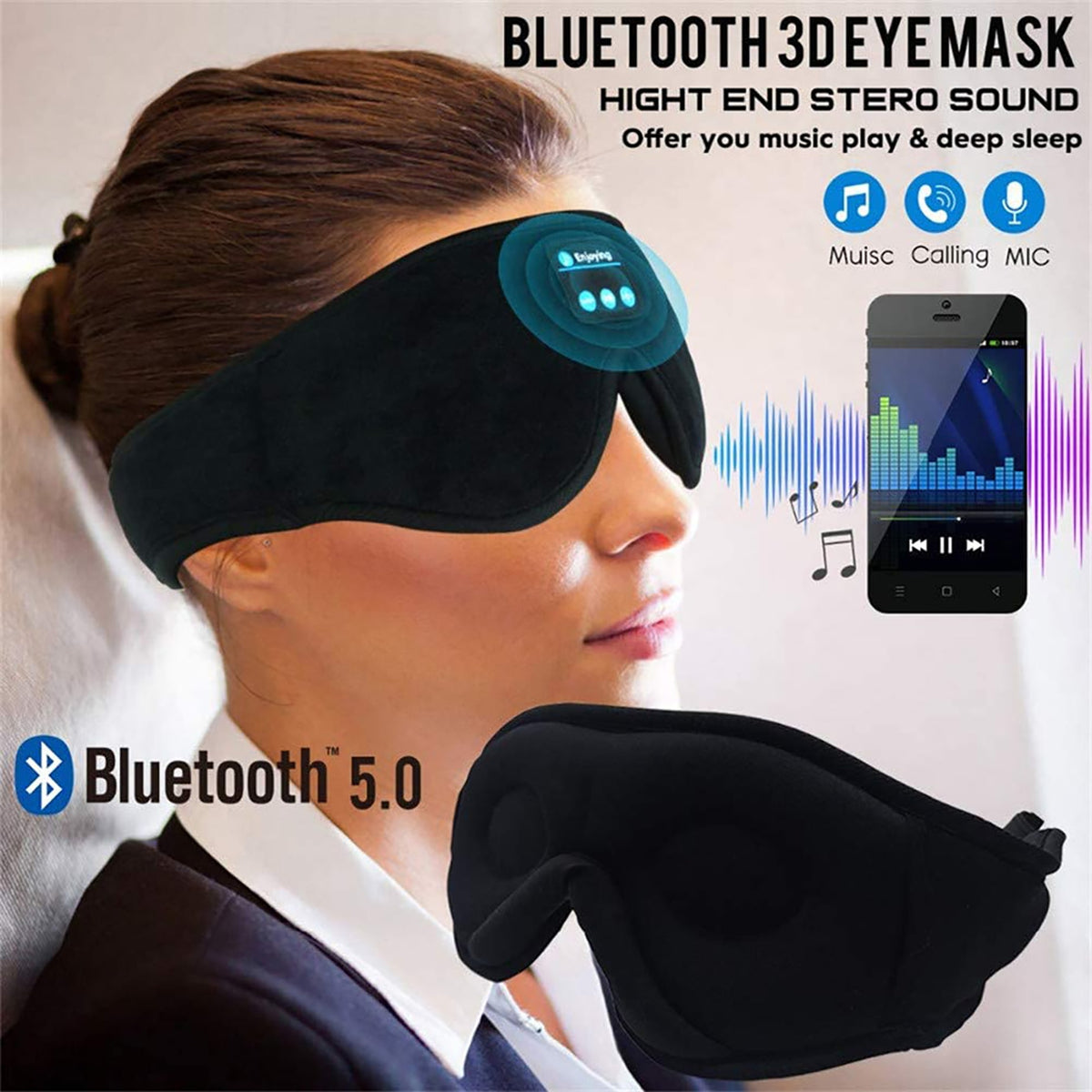 Bluetooth Sleep Mask with 100% Blackout Eye Cups Memory Foam and Built-In Speakers Silk - Image 5