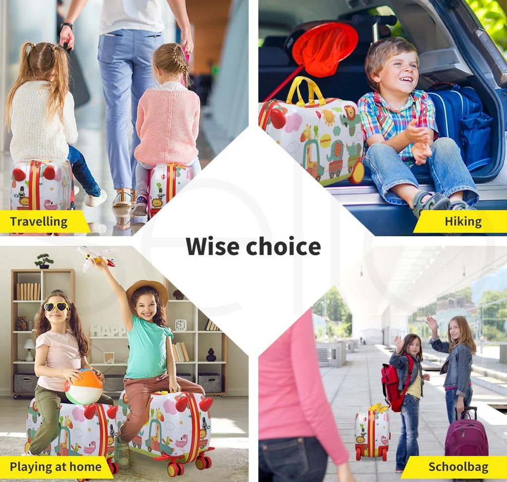 Ride-On Kids Suitcase with 360° Spinner Wheels – Rolling and Riding Travel Luggage for Children and Family Trips