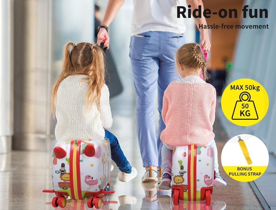 Ride-On Kids Suitcase with 360° Spinner Wheels – Rolling and Riding Travel Luggage for Children and Family Trips