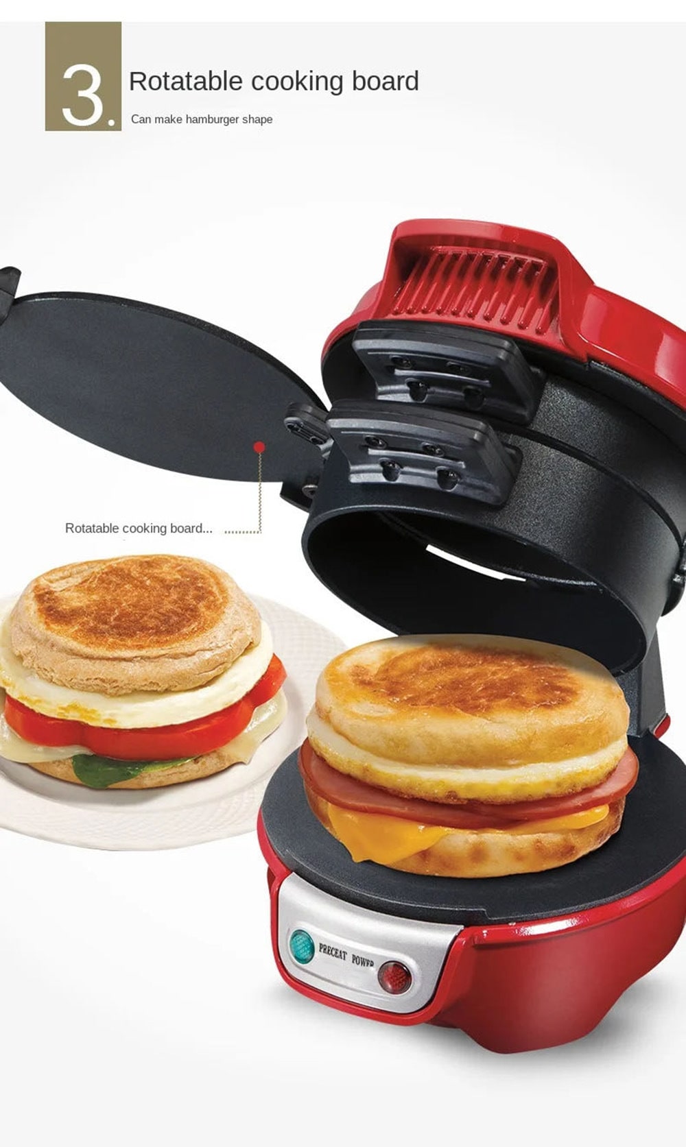 Breakfast Sandwich Maker and Panini Press Machine with Nonstick Plates and Hinged Design - Image 15