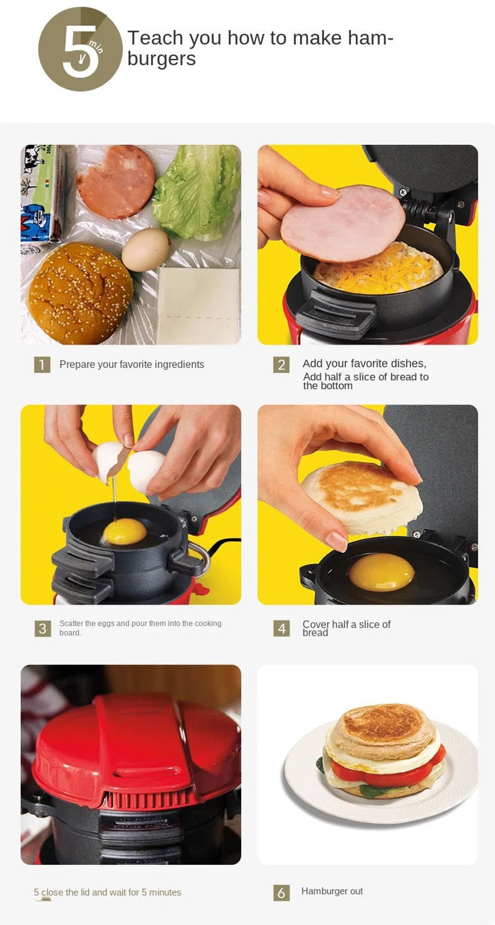 Breakfast Sandwich Maker and Panini Press Machine with Nonstick Plates and Hinged Design - Image 3
