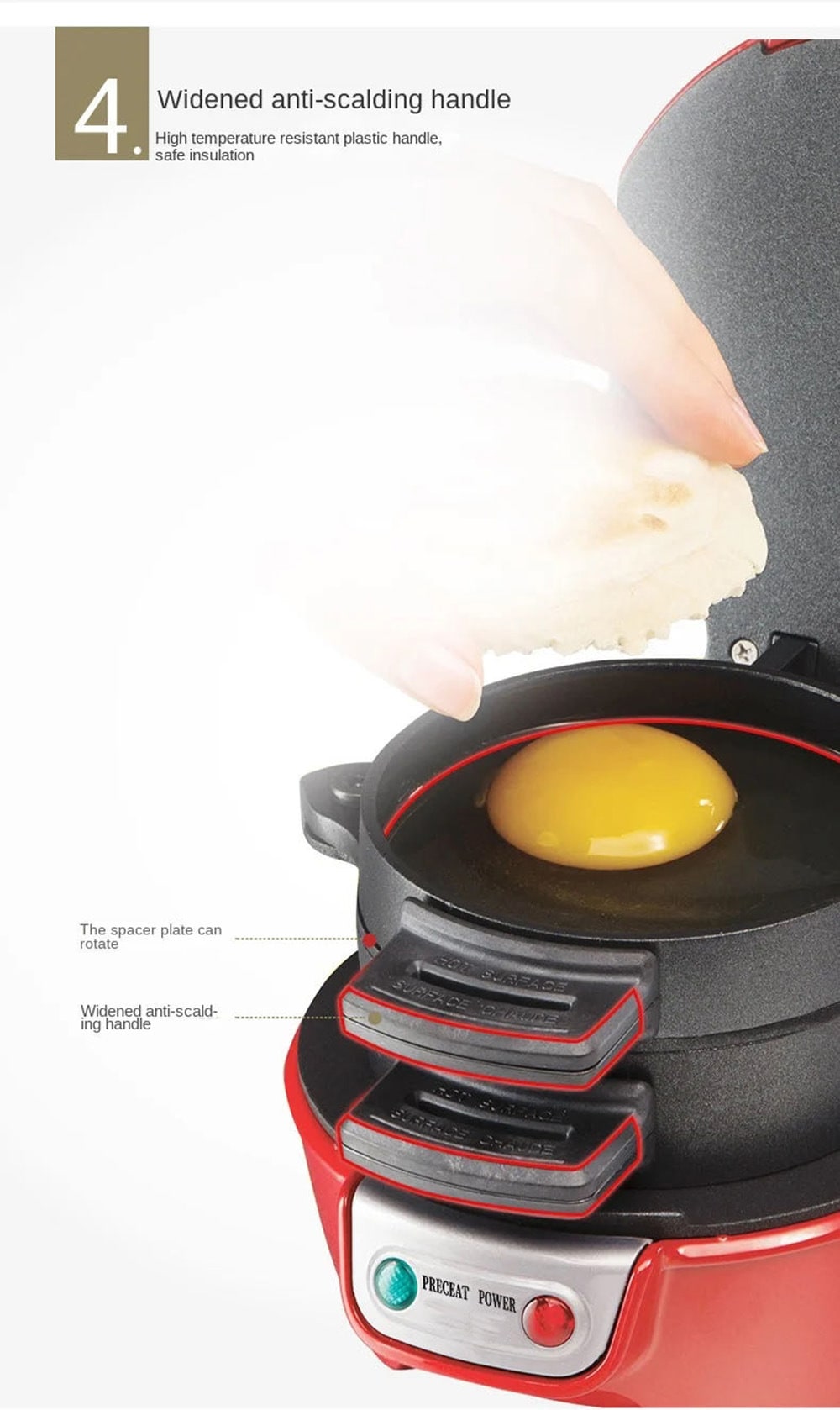 Breakfast Sandwich Maker and Panini Press Machine with Nonstick Plates and Hinged Design - Image 8