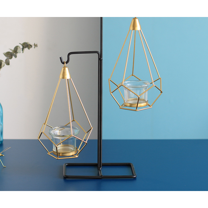 Candle Holder Wall Mounted Sconce with Geometric Gold Wire Cage and T Light Tealight - Image 1
