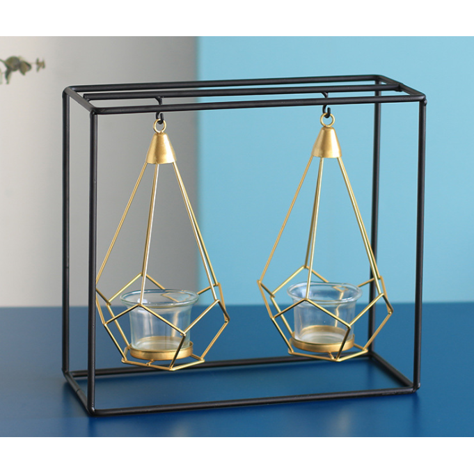 Candle Holder Wall Mounted Sconce with Geometric Gold Wire Cage and T Light Tealight - Image 3