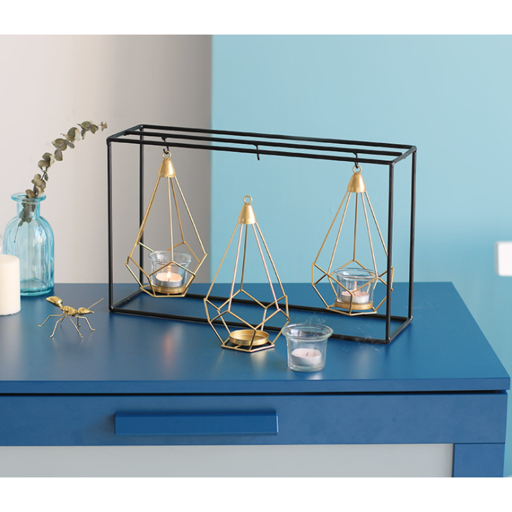 Candle Holder Wall Mounted Sconce with Geometric Gold Wire Cage and T Light Tealight - Image 4