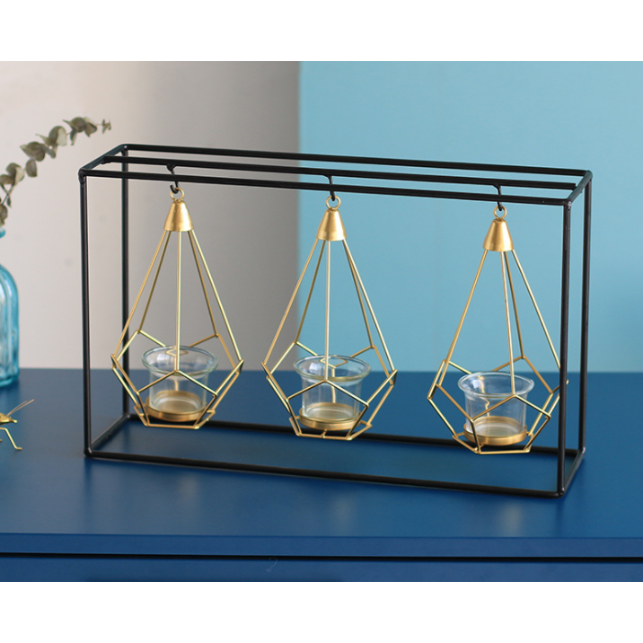 Candle Holder Wall Mounted Sconce with Geometric Gold Wire Cage and T Light Tealight - Image 5