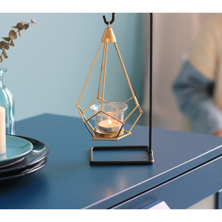 Candle Holder Wall Mounted Sconce with Geometric Gold Wire Cage and T Light Tealight - Image 6