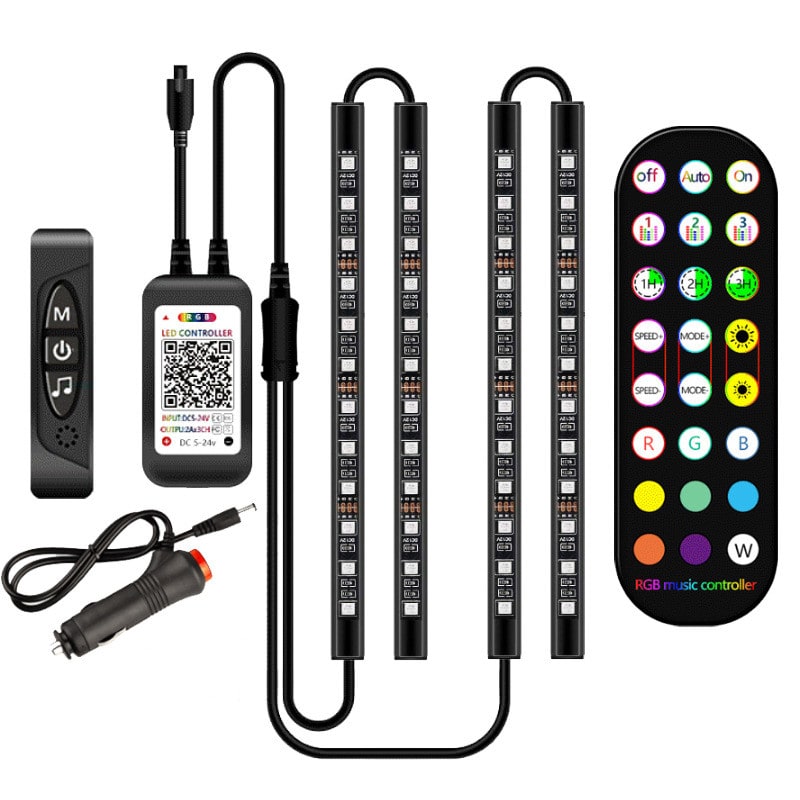Car Ambient Lighting Kit with Rgb LED Strip Lights Remote Control and App - Image 1