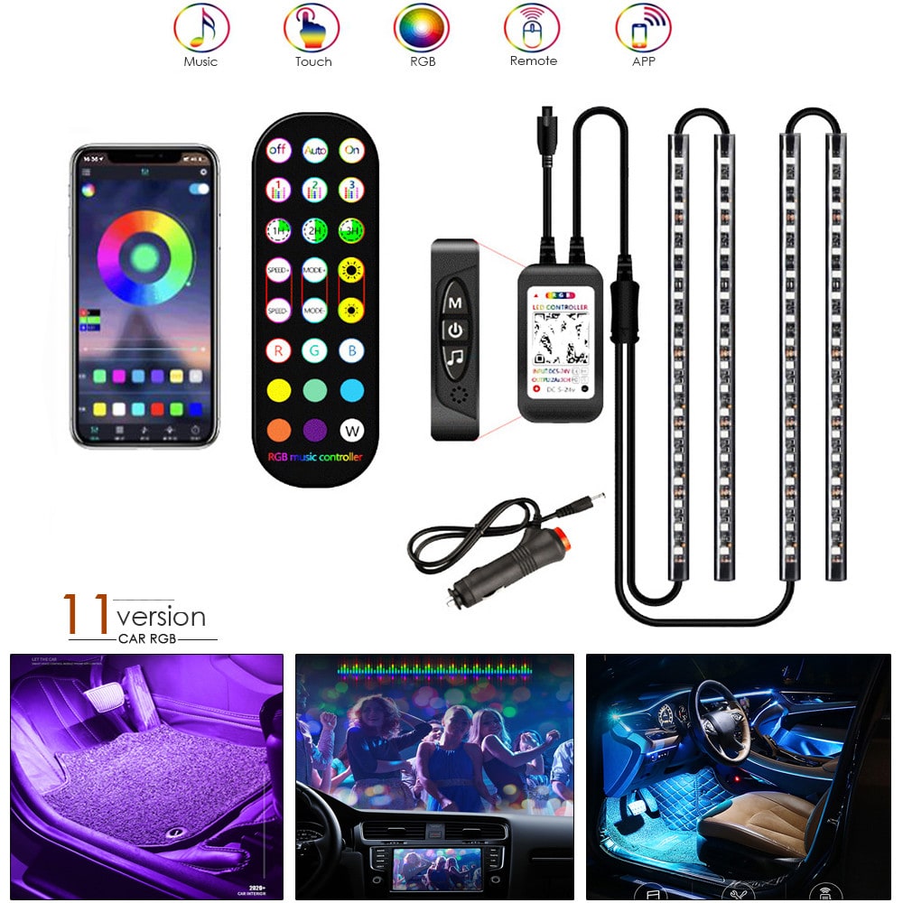 Car Ambient Lighting Kit with Rgb LED Strip Lights Remote Control and App - Image 3