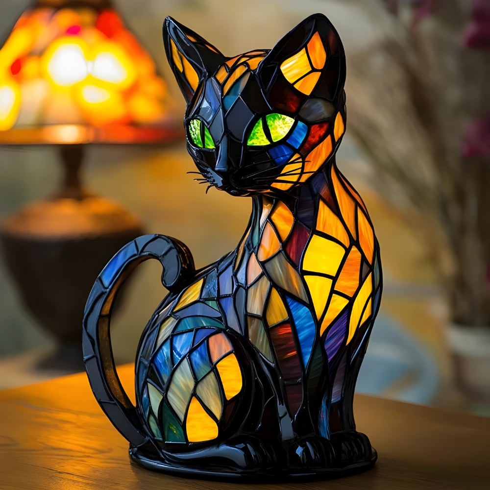 Cat Shaped Stained Glass Table Lamp with Mosaic Color Changing Desk Light - Image 1