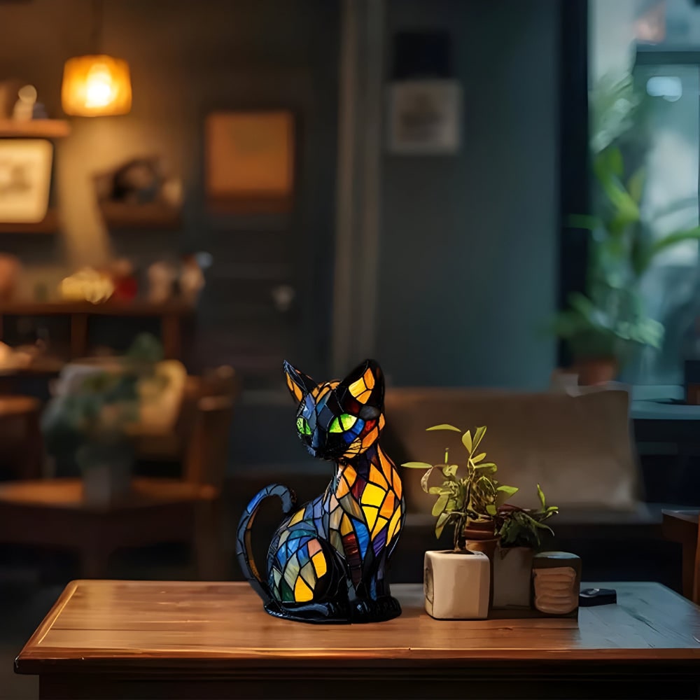 Cat Shaped Stained Glass Table Lamp with Mosaic Color Changing Desk Light - Image 3