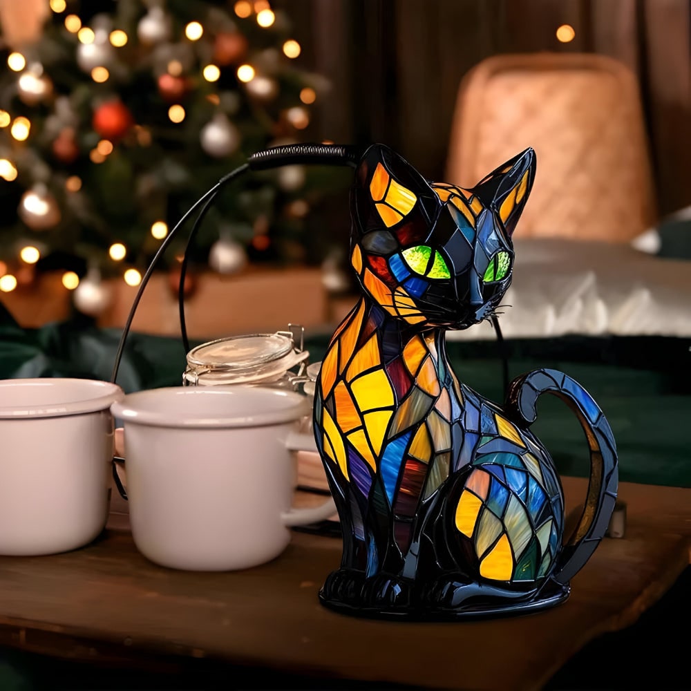 Cat Shaped Stained Glass Table Lamp with Mosaic Color Changing Desk Light - Image 4