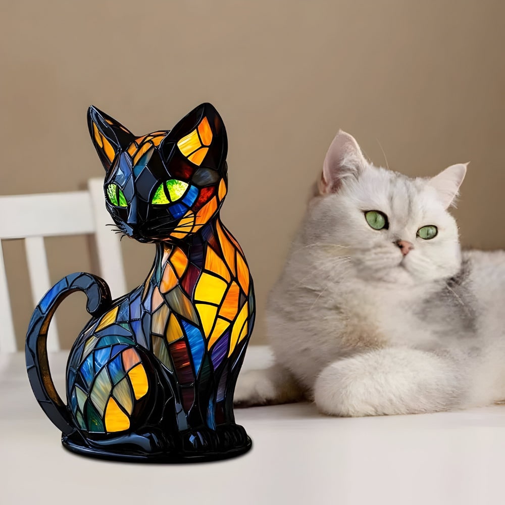 Cat Shaped Stained Glass Table Lamp with Mosaic Color Changing Desk Light - Image 6
